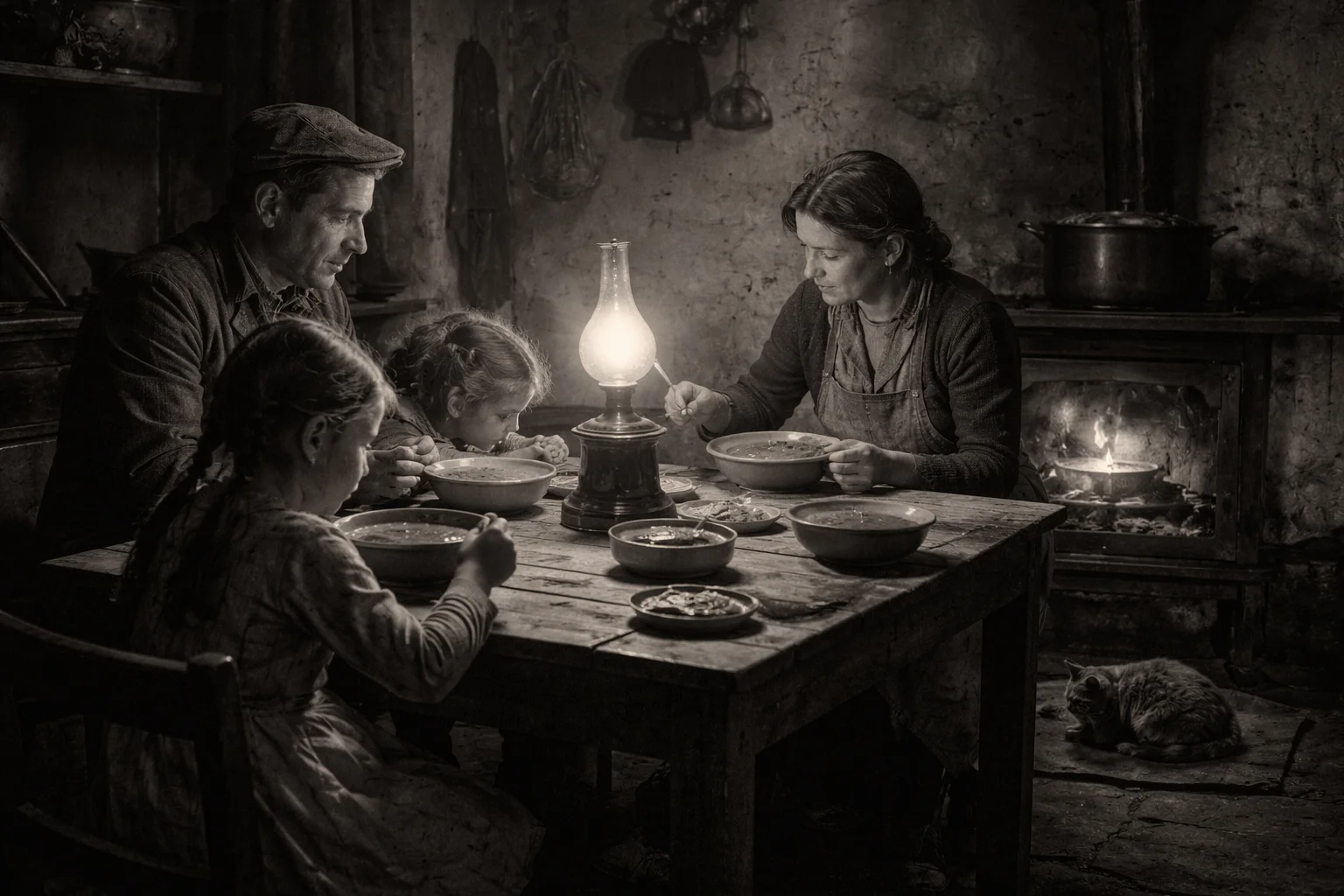 Imatge en blan i negre d'una família a taula amb el llum d'oli, any 1948