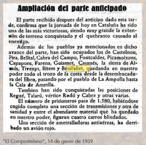 Notícia de premsa del gener del 39 informant de l'ocupació franquista de Benifallet, Tivenys, Bítem i altres